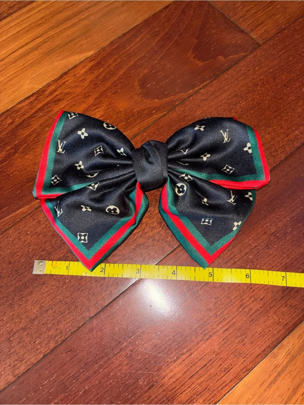 Designer-Style Black Satin Bow Hair Clip with Red & Green Trim